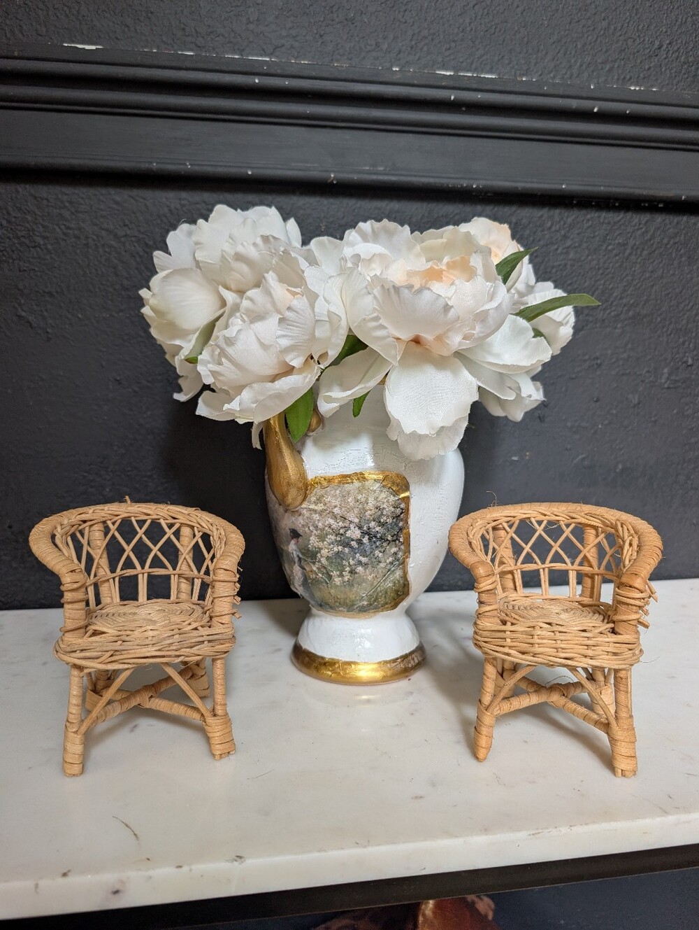Vintage, set of 2, miniature wicker chairs doll size furniture, boho decor